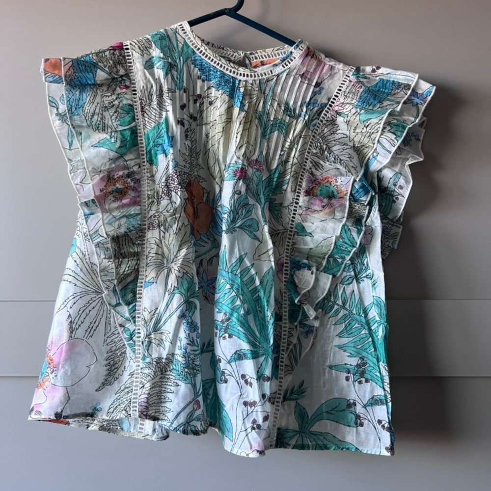 & Other Stories Floral Ruffle Short Sleeve Blouse Top Women's Pleated Small